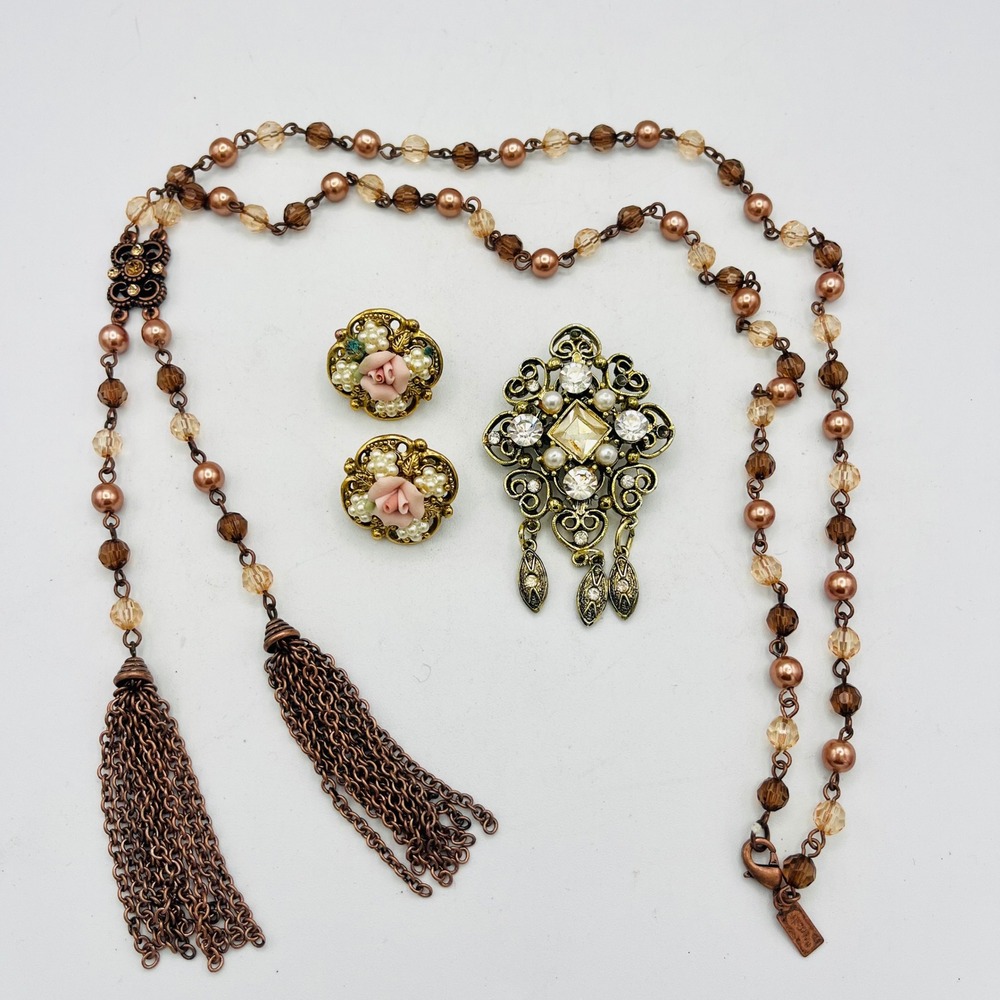 1928 Jewelry Set Tassel Necklace Victorian Brooch Floral Rose Clip Earrings